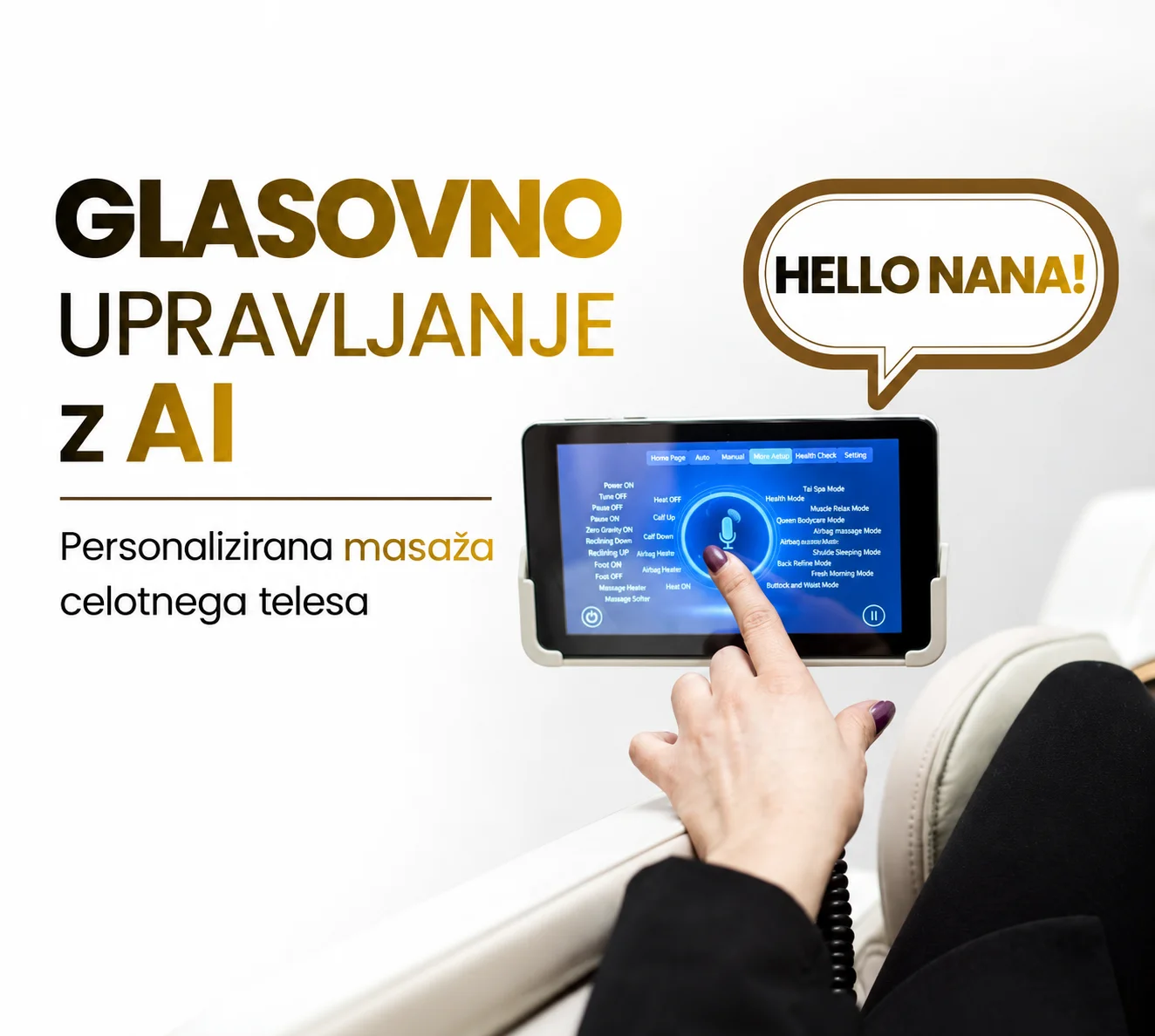 Glasovno upravljanje masažnega stola 4D KIP KOP prek zaslona na dotik